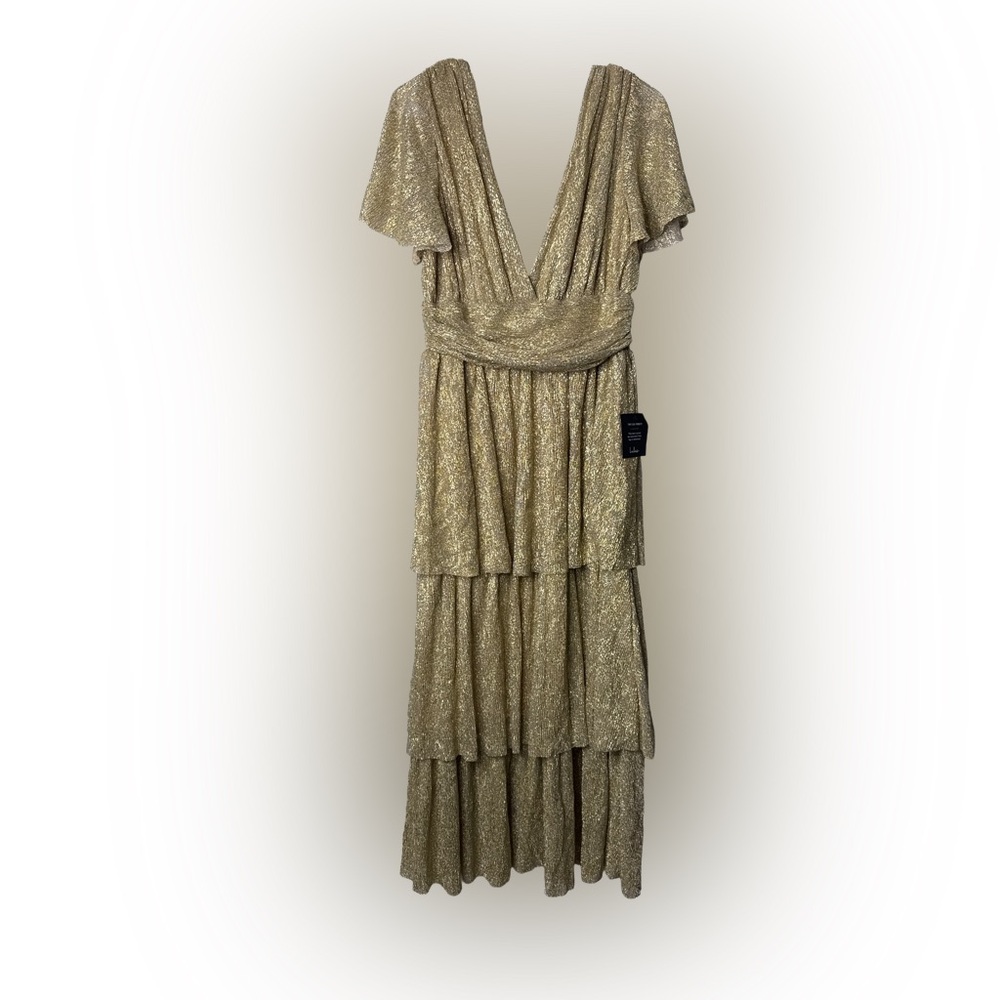 LULU’S NWT Gold Metallic Tiered Maxi Dress Plunge V Neck Flutter Sleeve Formal L